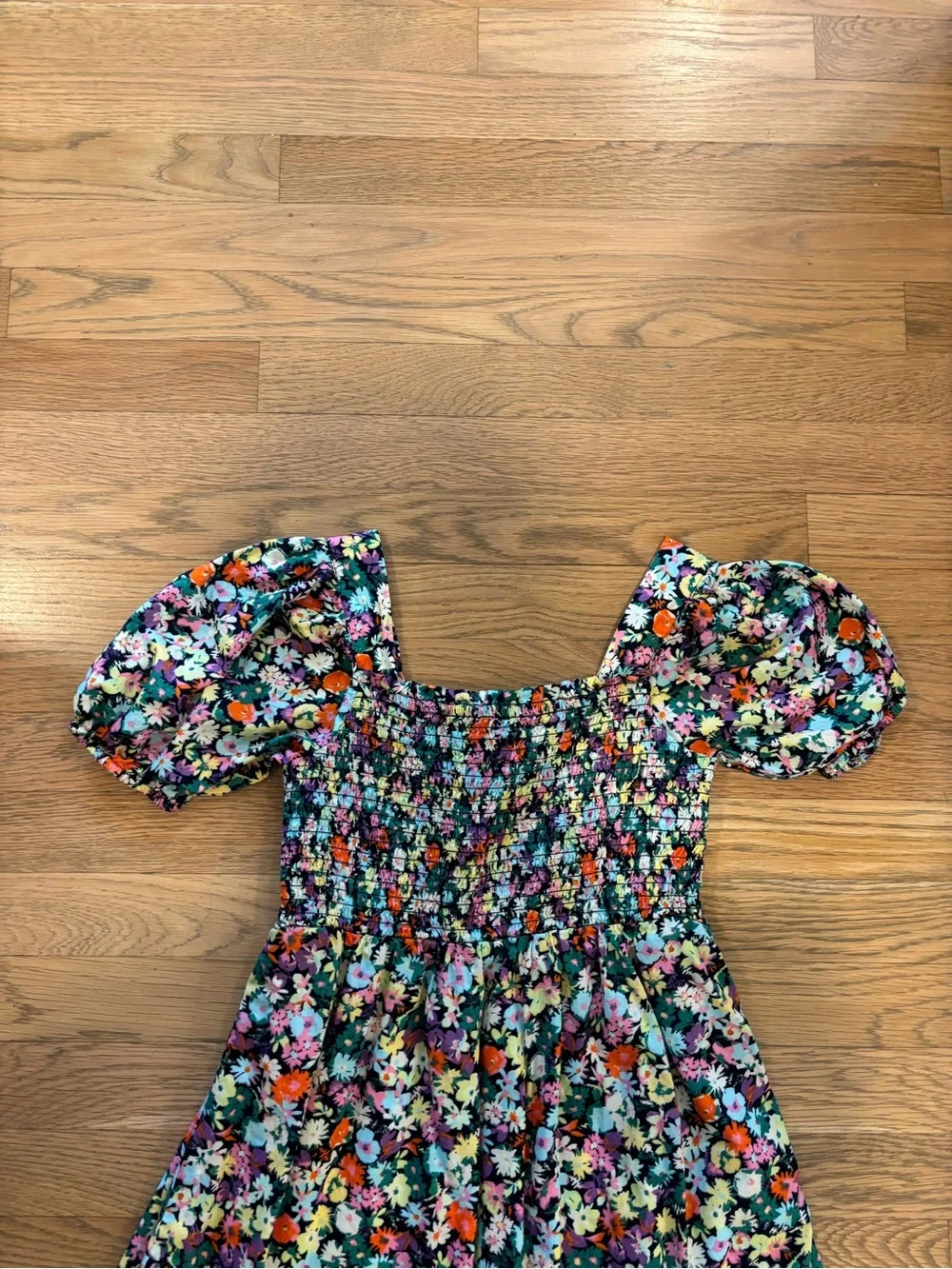 Girls Black Floral Puff-Sleeve Smocked Dress NWOT